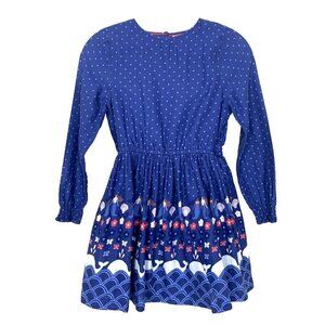 Mini Boden Girls 9 10 Y Dress Long Sleeve Whales Mermaids Blue Lined Polka Dot